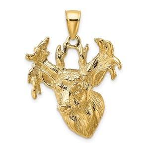 10k Yellow Gold Fine Jewelry  2-D Textured Deer Head Necklace Charm Pendant